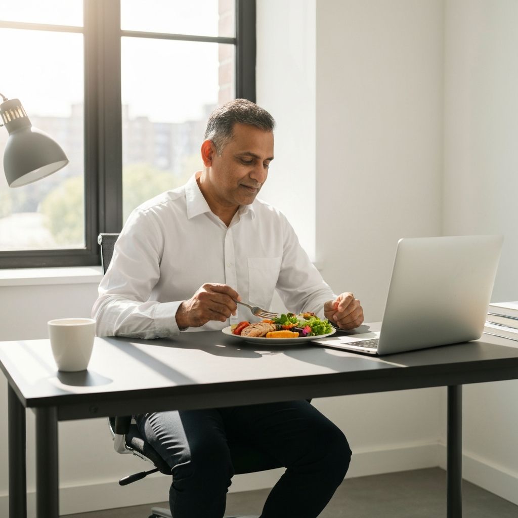 Professional taking a lunch break at office desk with a balanced meal